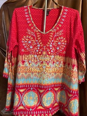 Bright Red Embroidered V-Neck Women's Top